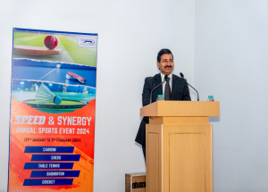 श्री विवेक कुमार गुप्ता, एमडी/एनएचएसआरसीएल, वार्षिक खेल आयोजन 2024 के अवसर पर सभा को सम्बोधित करते हुए