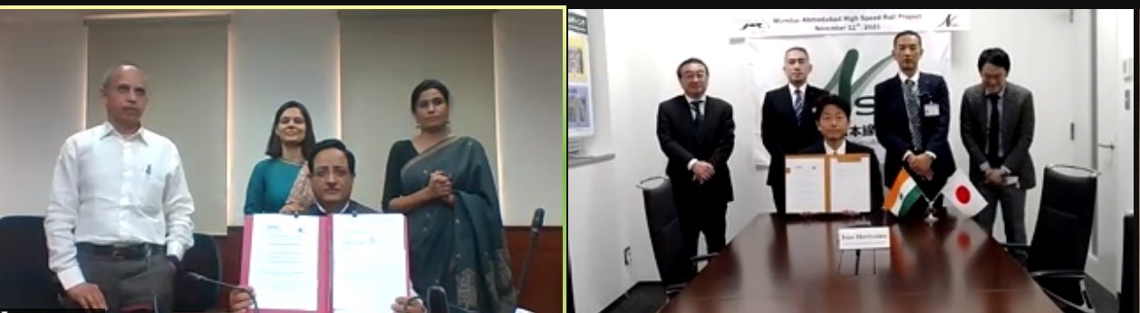 मुंबई अहमदाबाद हाई-स्पीड रेल कॉरिडोर परियोजना के लिए टी3 पैकेज के लिए हाई स्पीड रेल (एचएसआर) ट्रैक के डिजाइन के लिए जापान रेलवे ट्रैक कंसल्टेंट कंपनी लिमिटेड (जेआरटीसी) के साथ समझौता ज्ञापन पर हस्ताक्षर समारोह