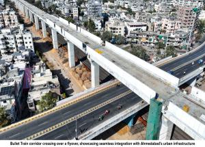 Bullet Train corridor crossing over a flyover, showcasing seamless integration with Ahmedabad's urban infrastructure