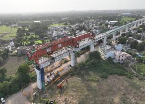 MAHSR Viaduct construction through SBS (Over-slung) method, Ahmedabad District, October 2023