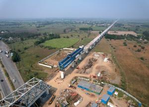 MAHSR Viaduct construction through SBS (Over-slung) method, Surat District, December 2023