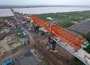 Narmada River bridge construction site, August 2024