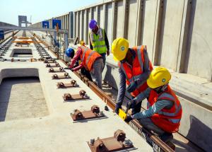 Track slab laying is underway on the viaduct near Vadodara for the Mumbai-Ahmedabad Bullet Train project