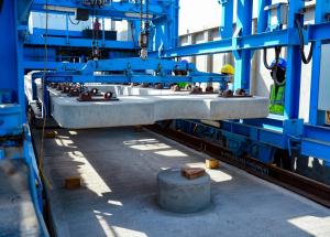 Track slab laying is underway on the viaduct near Vadodara for the Mumbai-Ahmedabad Bullet Train project