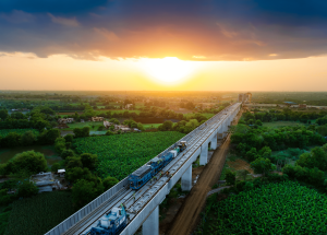Track slab laying and Cement Asphalt Mortar injection work in progress on the viaduct near Vadodara for Mumbai Ahmedabad Bullet Train corridor