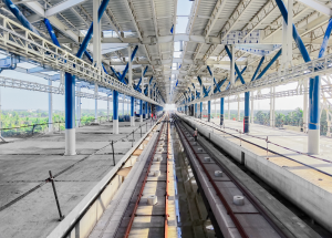 Track work is underway on the platform level at Surat Bullet Train Station
