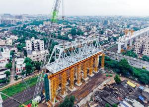 Under construction steel bridge over cadilla road crossing in Ahmedabad district for Mumbai-Ahmedabad Bullet Train project