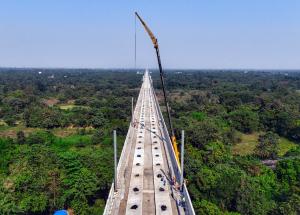 Installation of Overhead Electrification Masts on the viaduct near Navsari is in progress for Mumbai Ahmedabad Bullet Train project