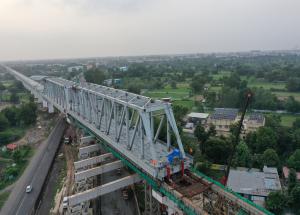 Second 100 m Span of a 2 x 100 m long Steel Bridge Launched over NH - 48 in Gujarat for Mumbai-Ahmedabad Bullet Train Project This is the ninth steel bridge completed for the project